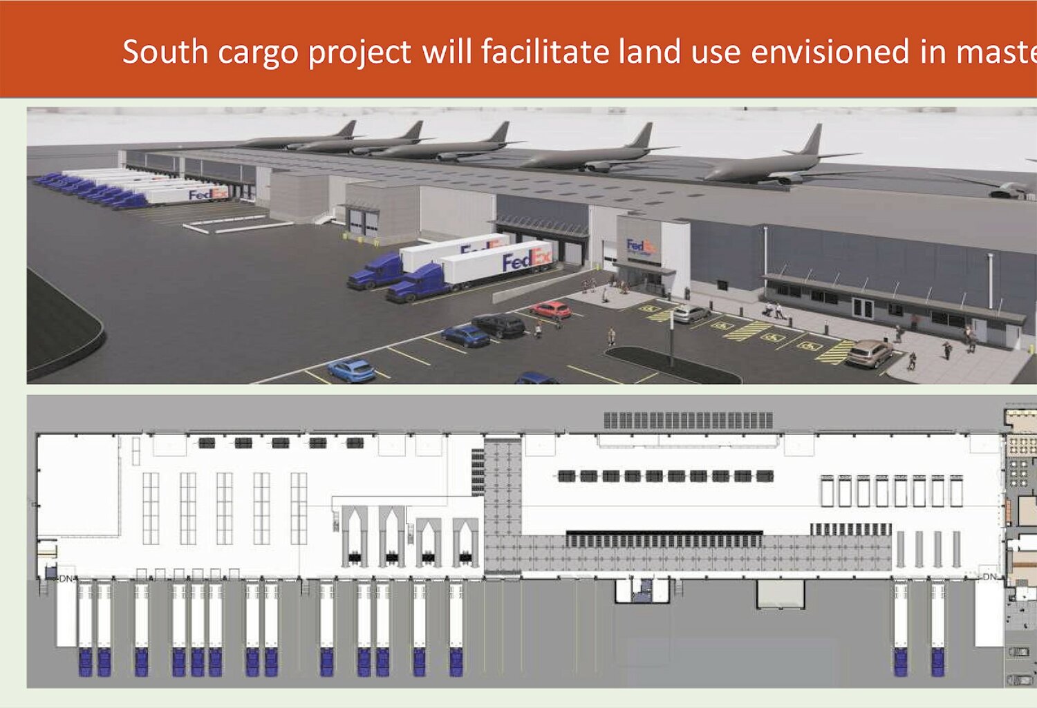 IN THE WORKS: Air cargo operations north of the terminal would be relocated to a facility on the south side of the terminal that backs up to a residential community as seen in this rendering. Site work, as pictured earlier this week, has already started even though the city has not signed off on the abandonment or the rights of way to three streets on airport property. The city is looking for a written guarantee that truck traffic accessing and departing from the air cargo facility will use the Airport Connector. (Warwick Beacon photo)